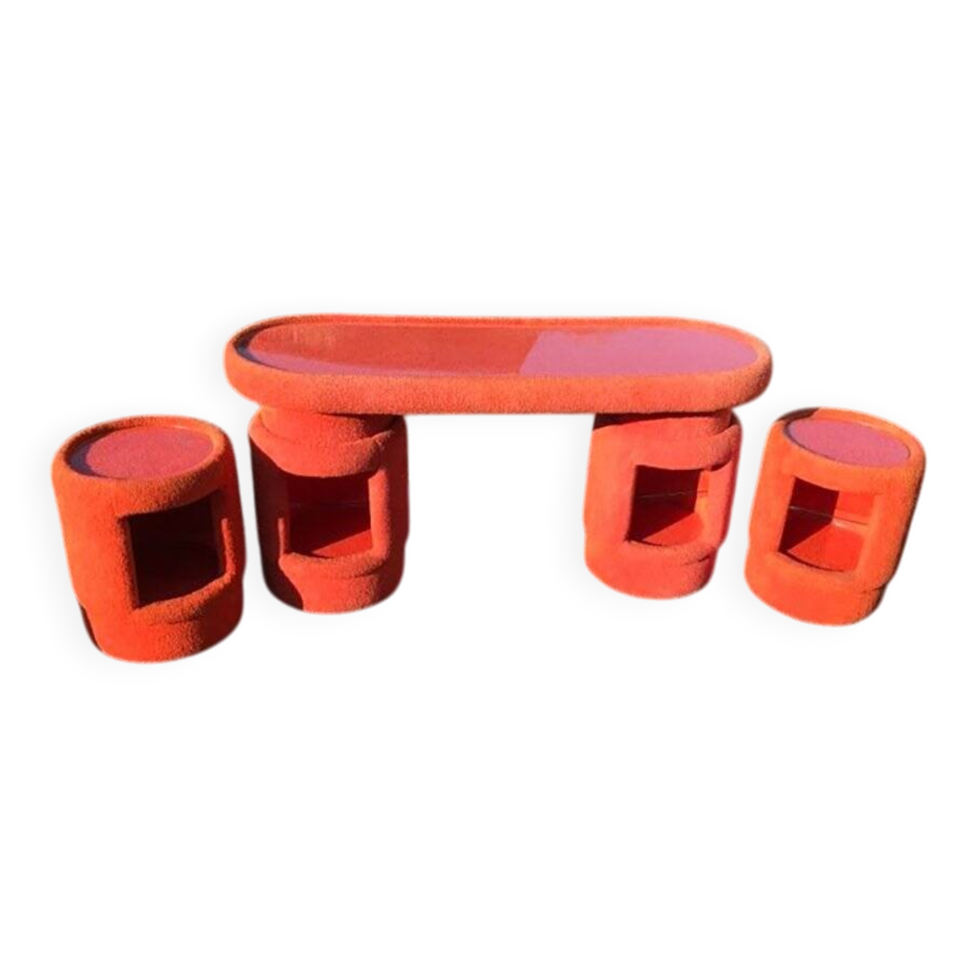 Vintage coral fabric dressing table set, 6 pieces (table, mirror, ottoman, bedside table)