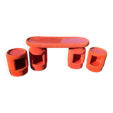 Vintage coral fabric dressing table set, 6 pieces (table, mirror, ottoman, bedside table)