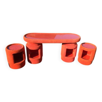 Vintage coral fabric dressing table set, 6 pieces (table, mirror, ottoman, bedside table)