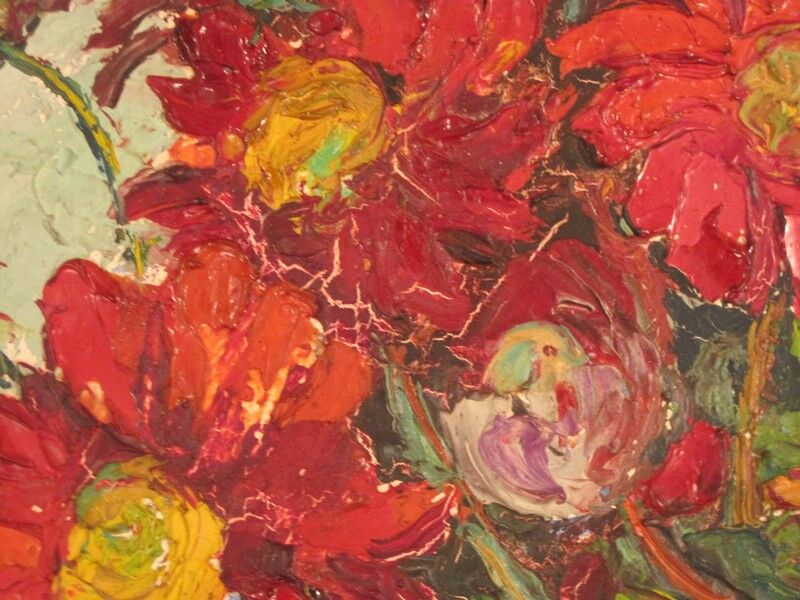 Painting oil flowers signed Alphonsine artist bouquet side