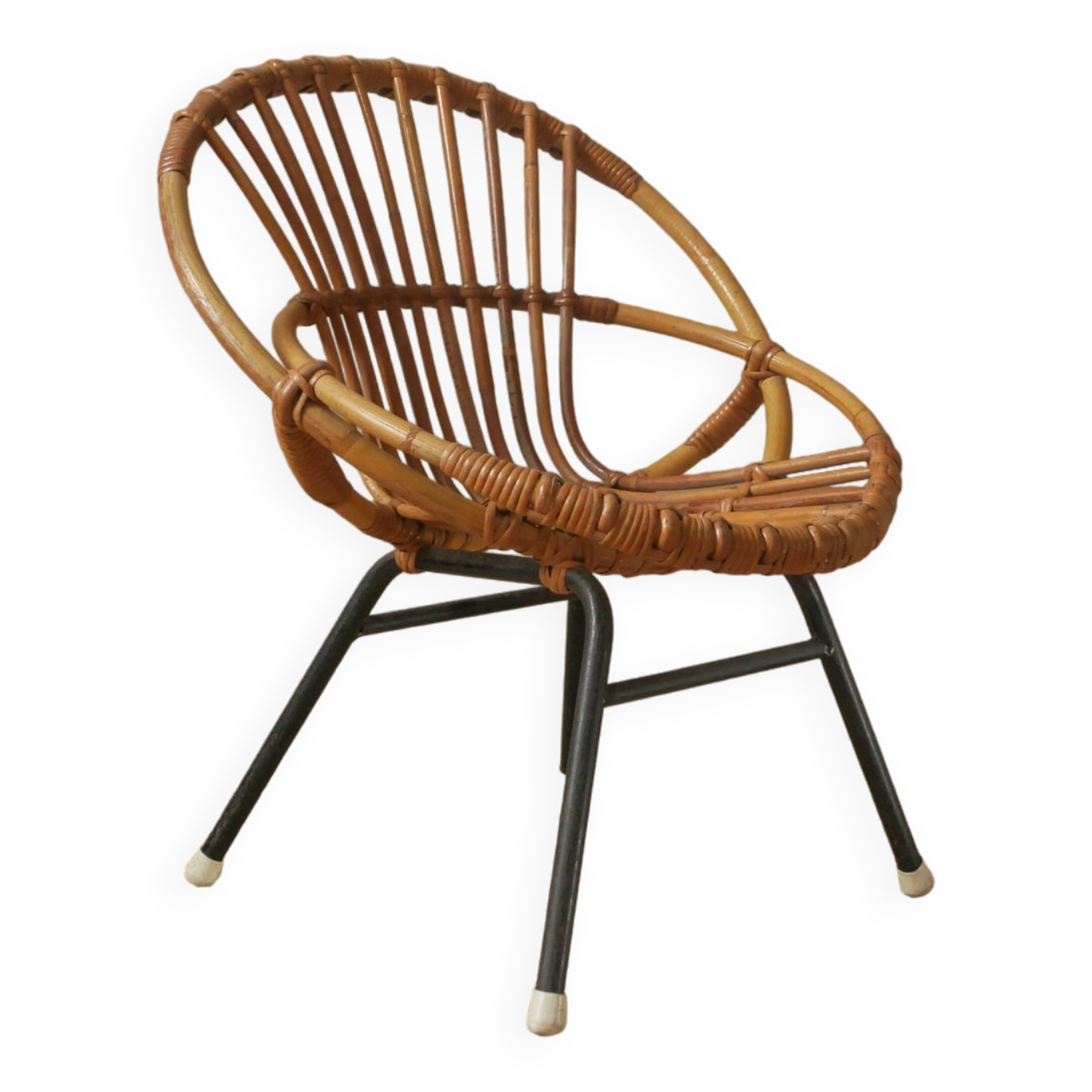 Vintage bamboo wicker rattan armchair Scandinavian decoration child retro chair black metal base