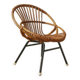 Vintage bamboo wicker rattan armchair Scandinavian decoration child retro chair black metal base