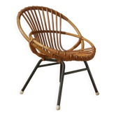 Vintage bamboo wicker rattan armchair Scandinavian decoration child retro chair black metal base
