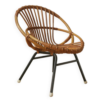 Vintage bamboo wicker rattan armchair Scandinavian decoration child retro chair black metal base