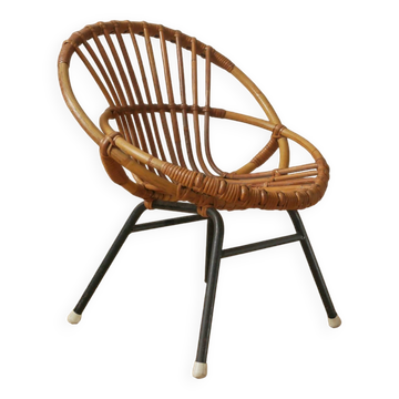 Fauteuil  rotin osier bambou vintage décoration scandinave enfant chaise rétro piètement métal noir