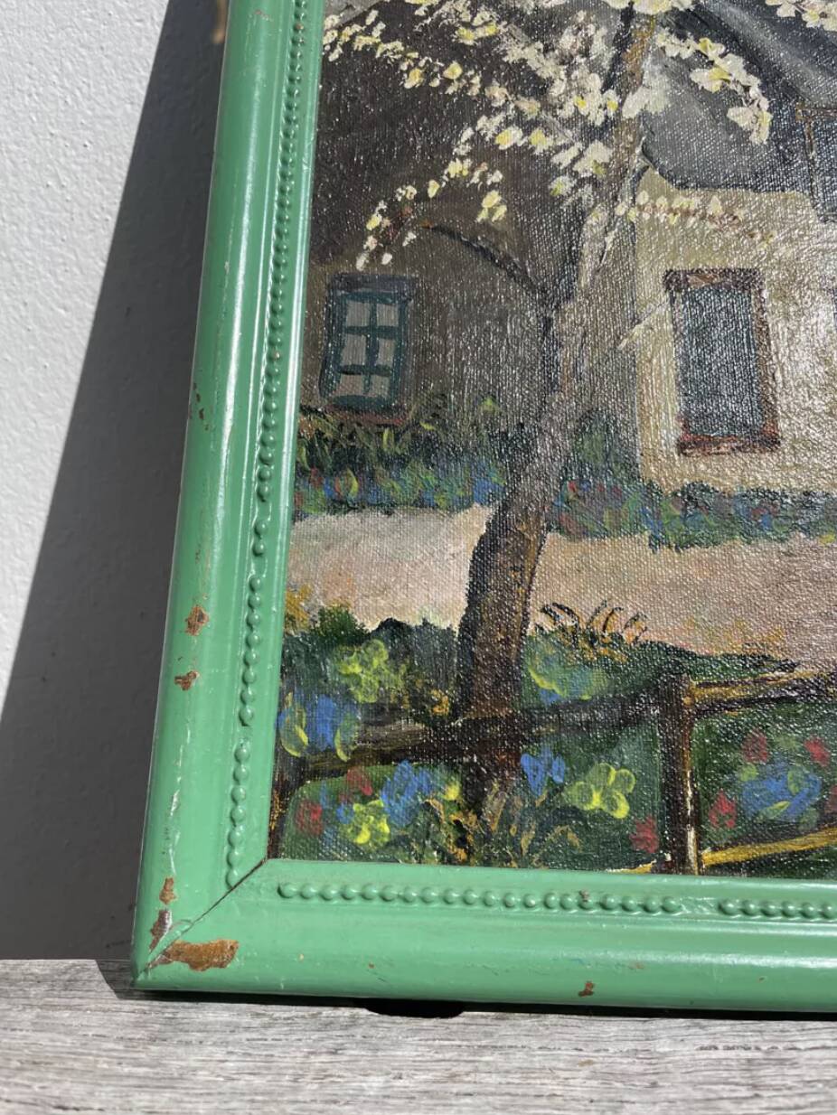 Painting of a farm in a landscape, oil on canvas with frame