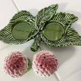 Set of Vintage Asparagus-themed Majolica Salt and Pepper Shakers with Plate