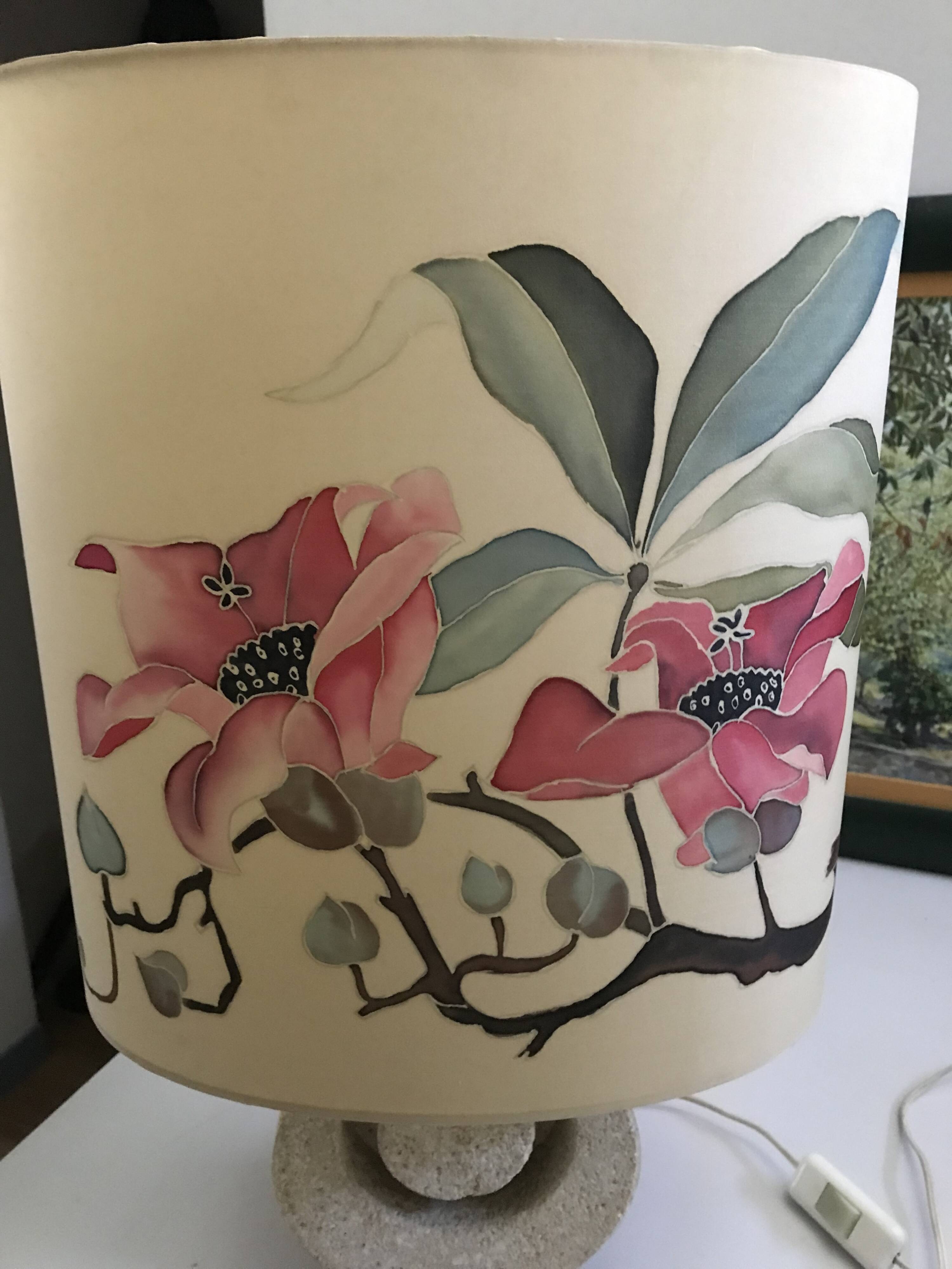 Vintage 70s-80s Lamp - Sculpted Stone Base & Painted Silk Shade