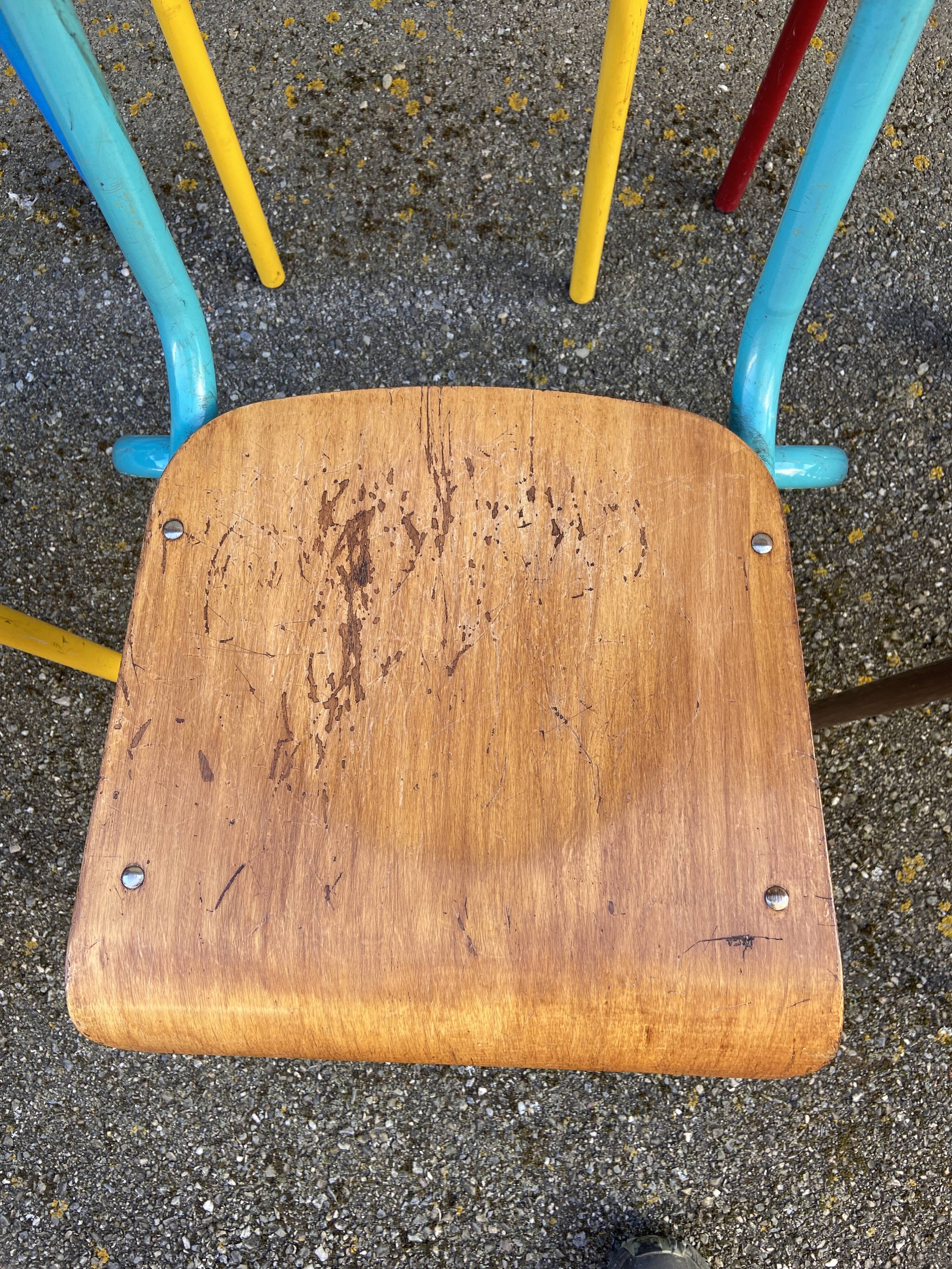 Set of 6 mismatched school chairs multicolor industrial vintage school community mullca dela