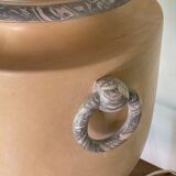 Pied de lampe à poser en céramique, terre jaune cirée, éléments terres mélées blanche et grise