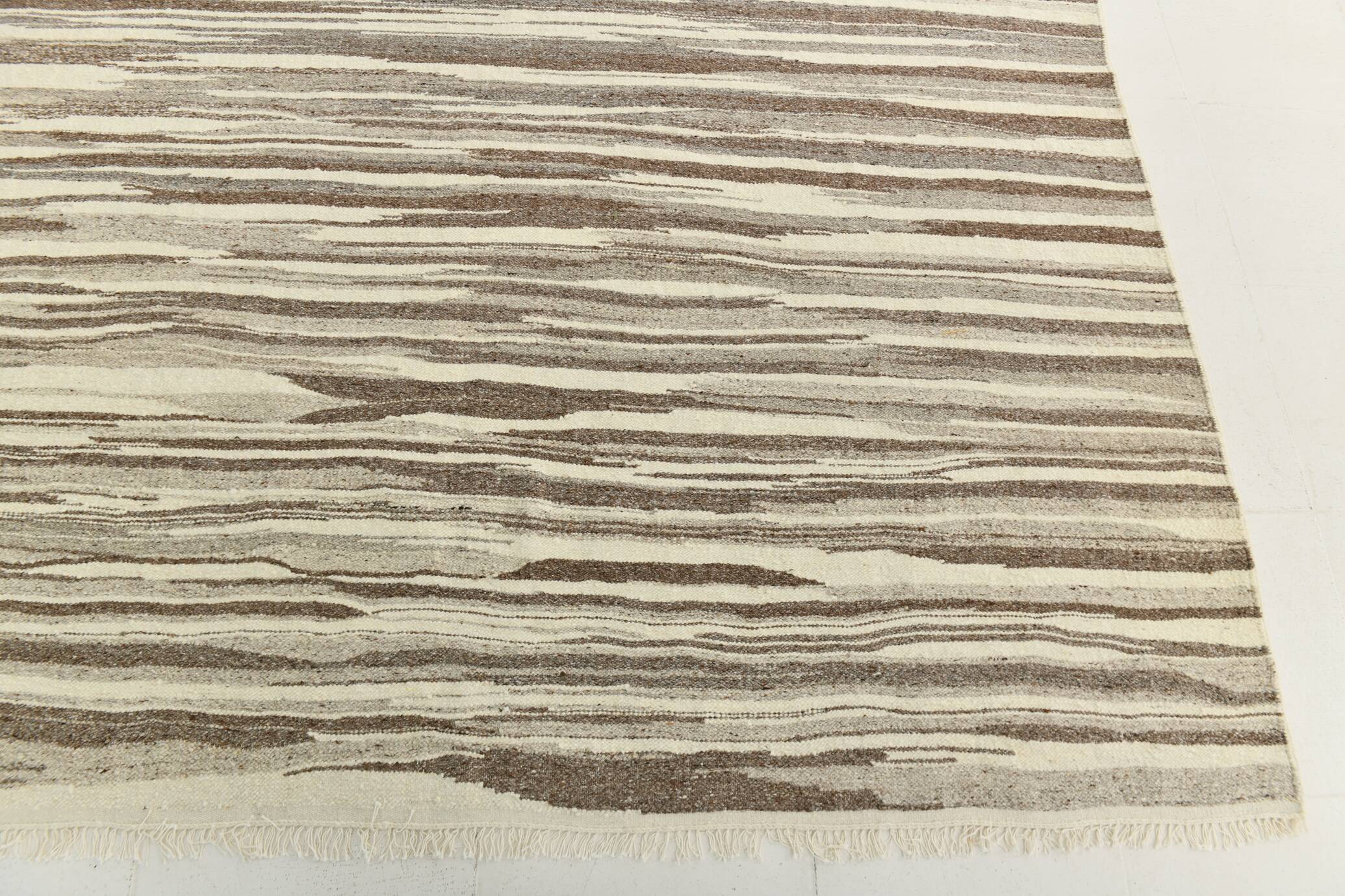 8x11 Brown Beige Minimalist Handmade Wool Kilim Rug, 226x350Cm