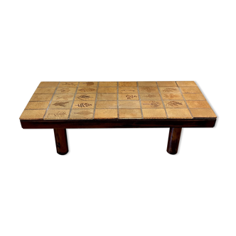 Roger Capron coffee table in glazed ceramic and dark wood 1950s' ☐ 114 x 46.5 cm