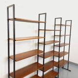 Vintage Italian triple modular bookshelf in teak and metal.