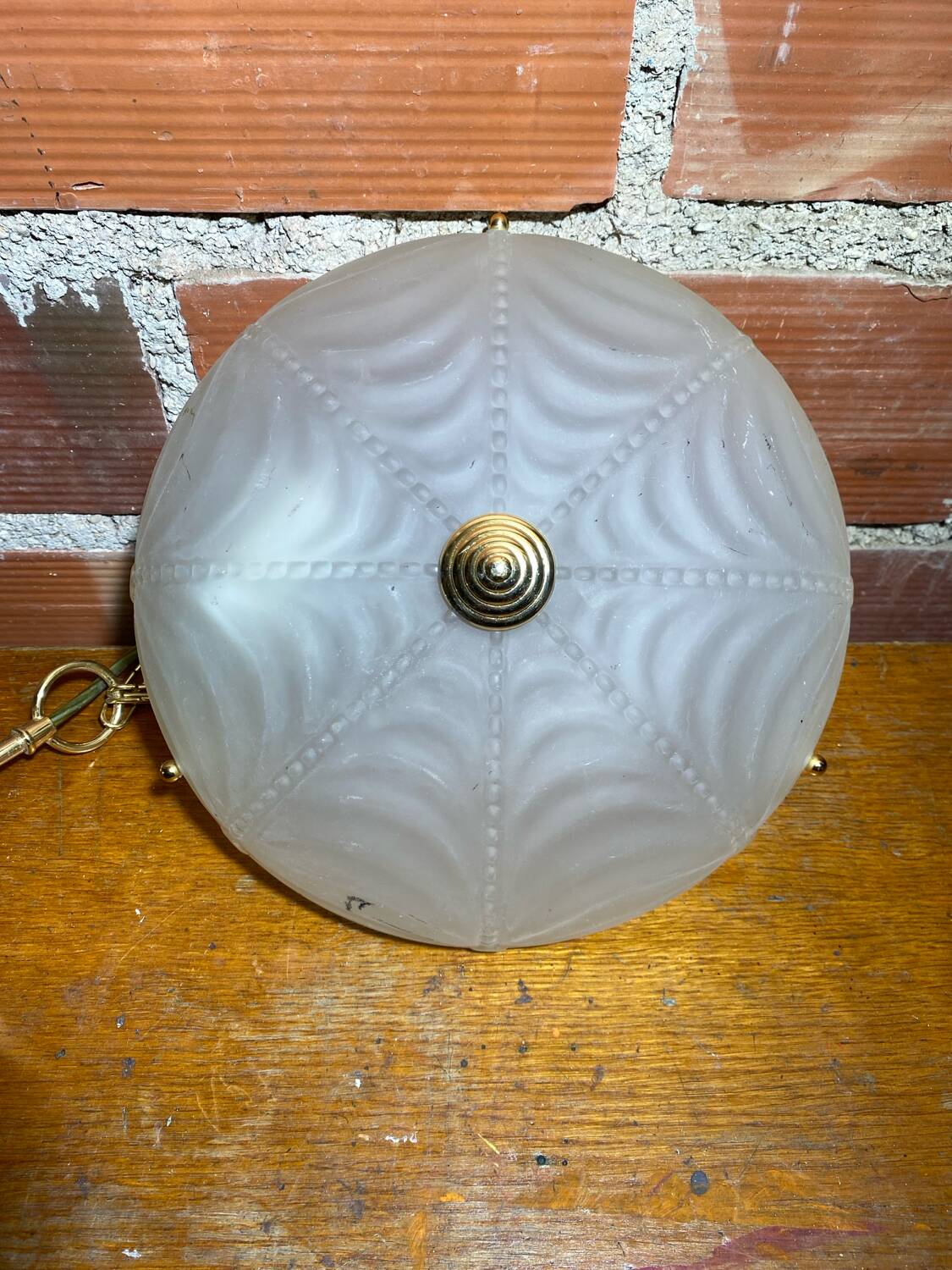 Antique Pendant Light Dome Molded Glass + Vintage Gold Metal