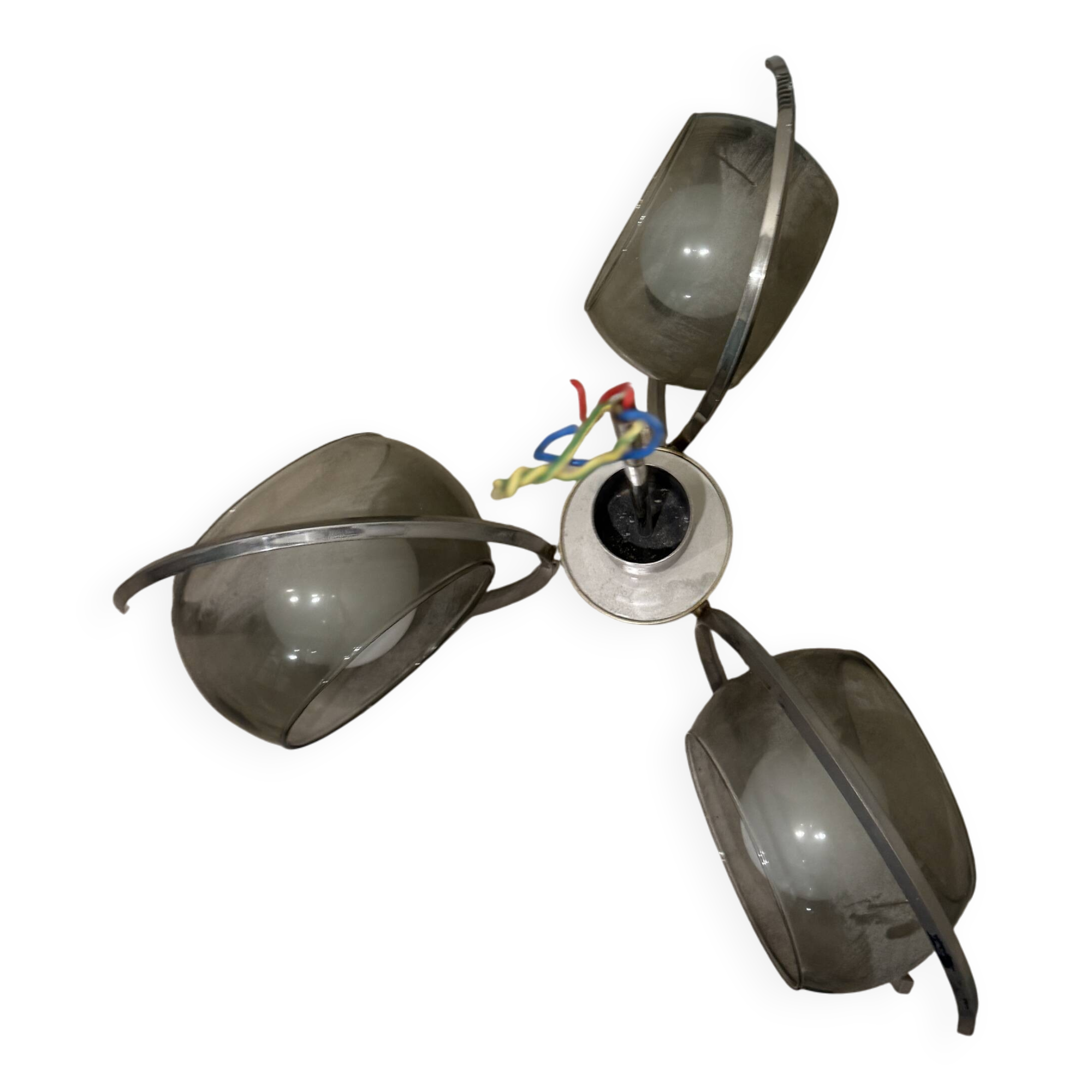Vintage suspension with 3 smoked glass globes and chrome metal from the 1970s.