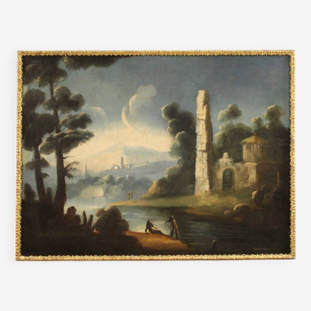 Italian painting river landscape with ruins and fishermen from the 18th century