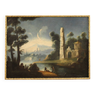 Italian painting river landscape with ruins and fishermen from the 18th century