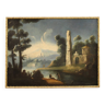 Tableau italien paysage fluvial avec ruines et pêcheurs du XVIIIe siècle