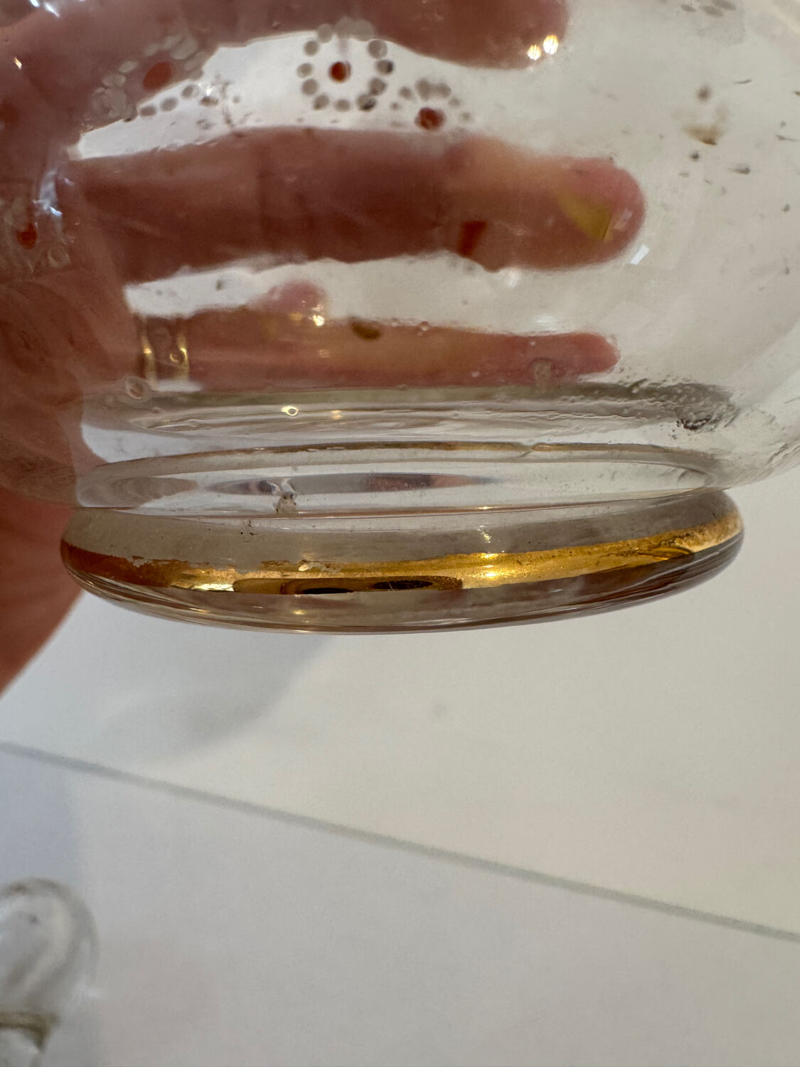 Antique blown glass carafe, enamelled with floral decoration, in the style of Legras.