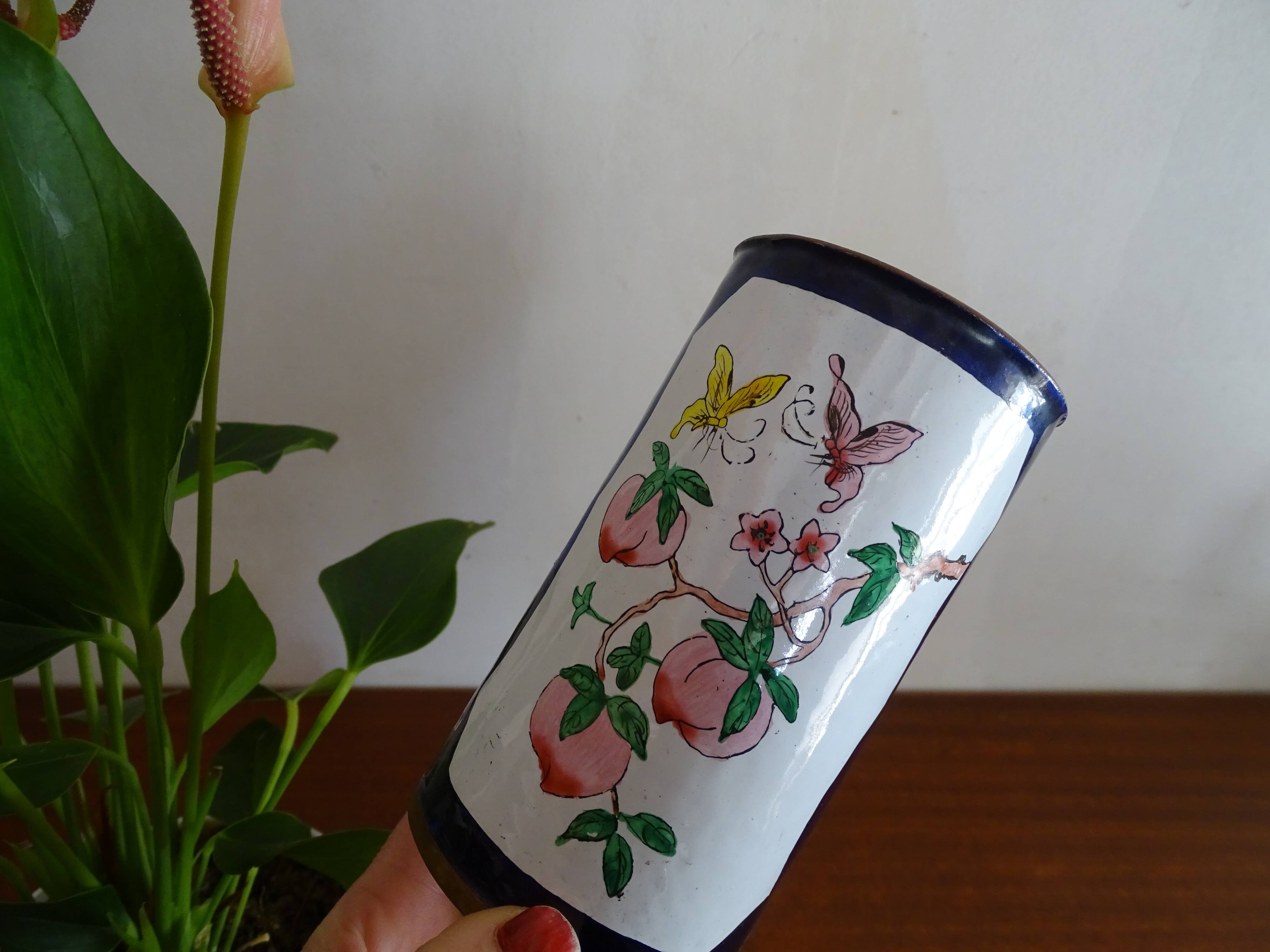 Cloisonné enamel pencil pot on copper