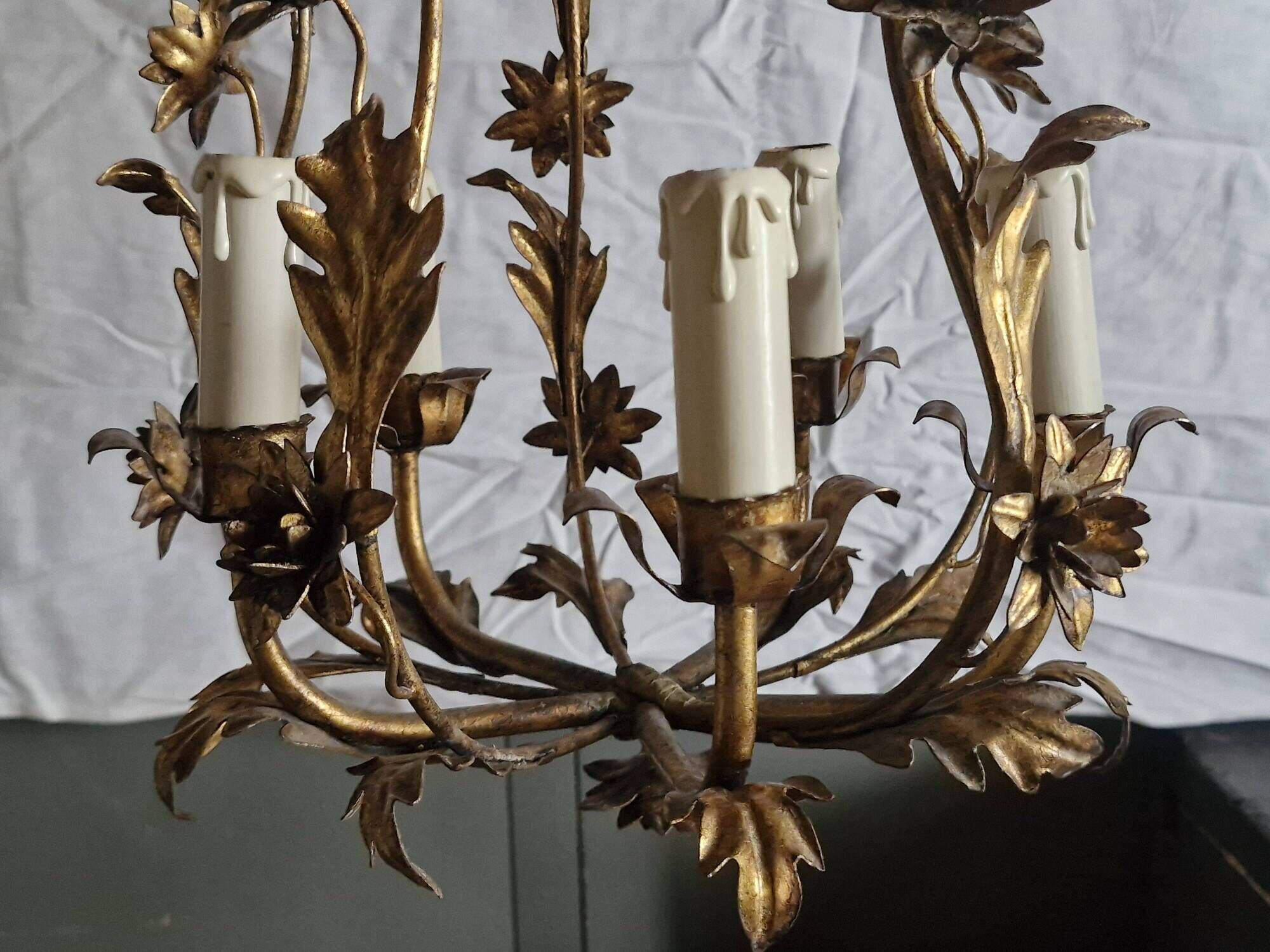 Rare suspension / antique chandelier with 5 lights - Flowers & Foliage in gilded metal