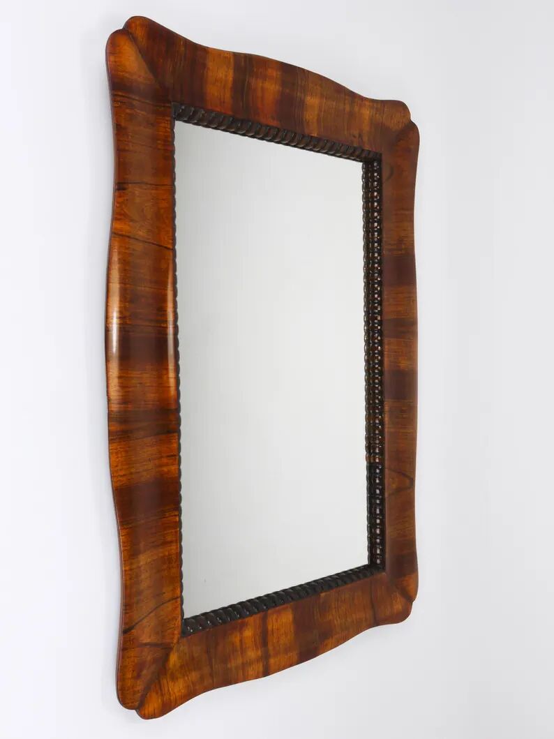 Square Biedermeier Carved & Scalloped Walnut Wall Mirror, Vienna, ca. 1850
