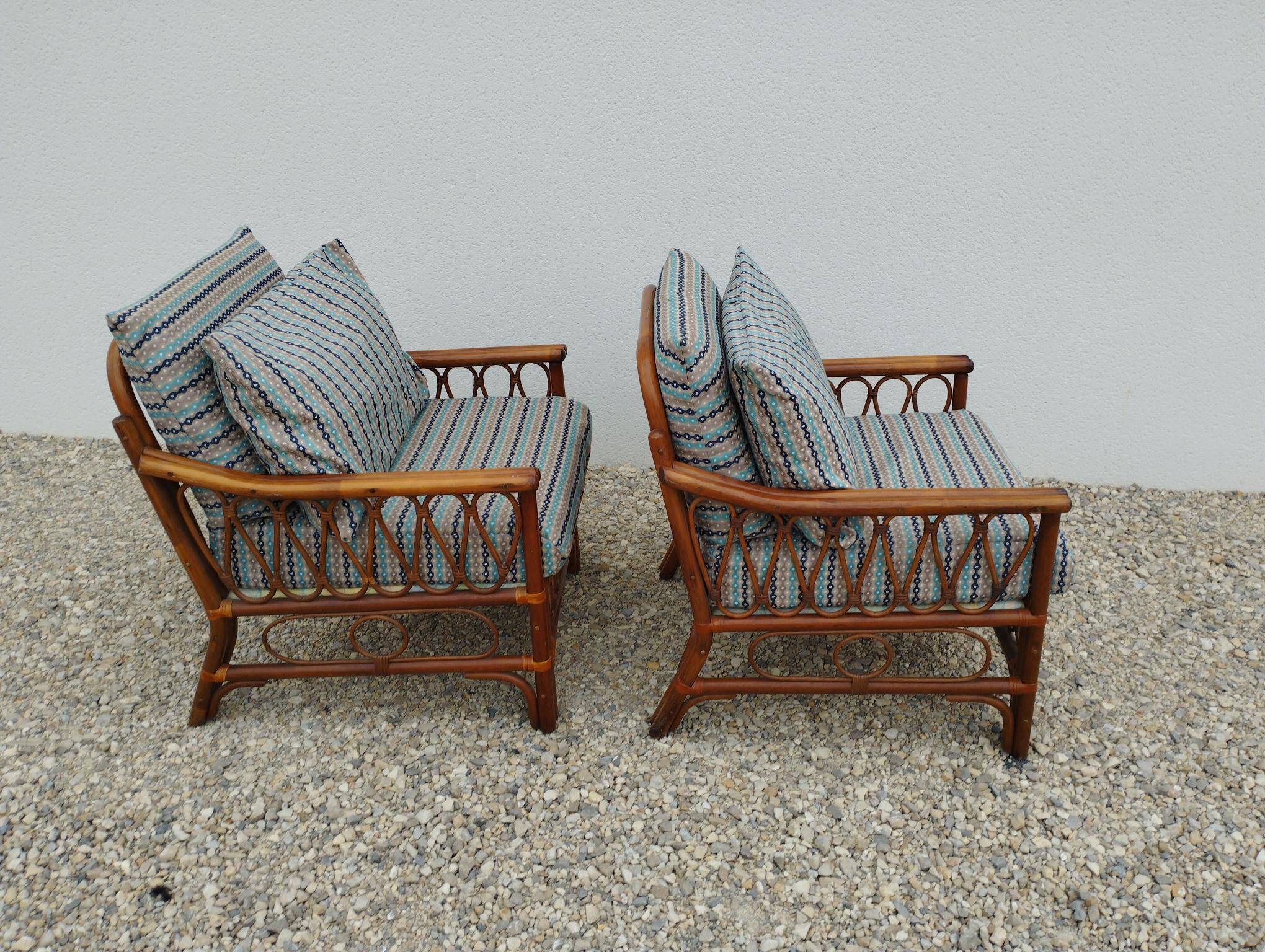 Pair of glacier blue rattan armchairs French Riviera vintage ép