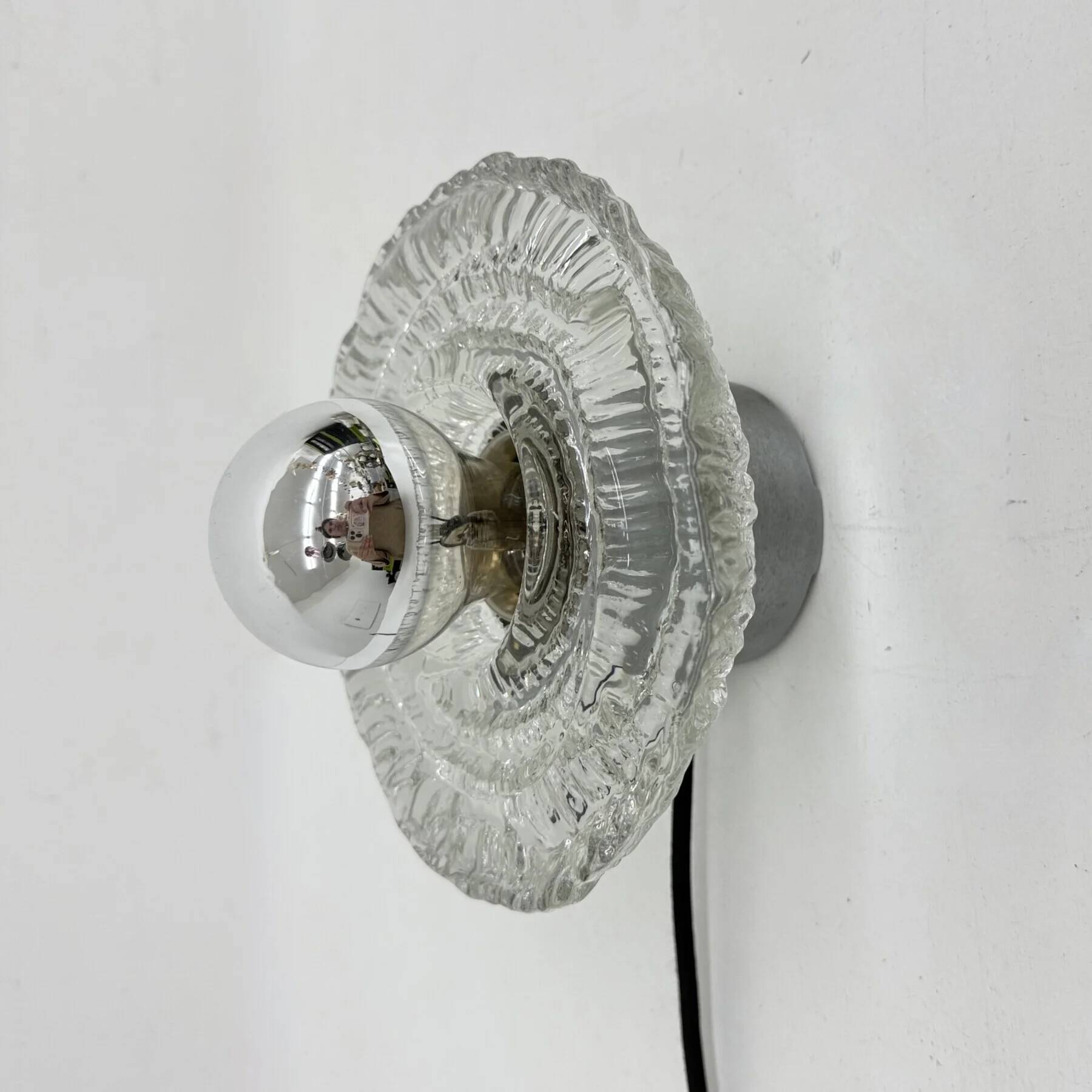 Thick structured ice glass wall light flush mount by Peill & Putzler, 1970s