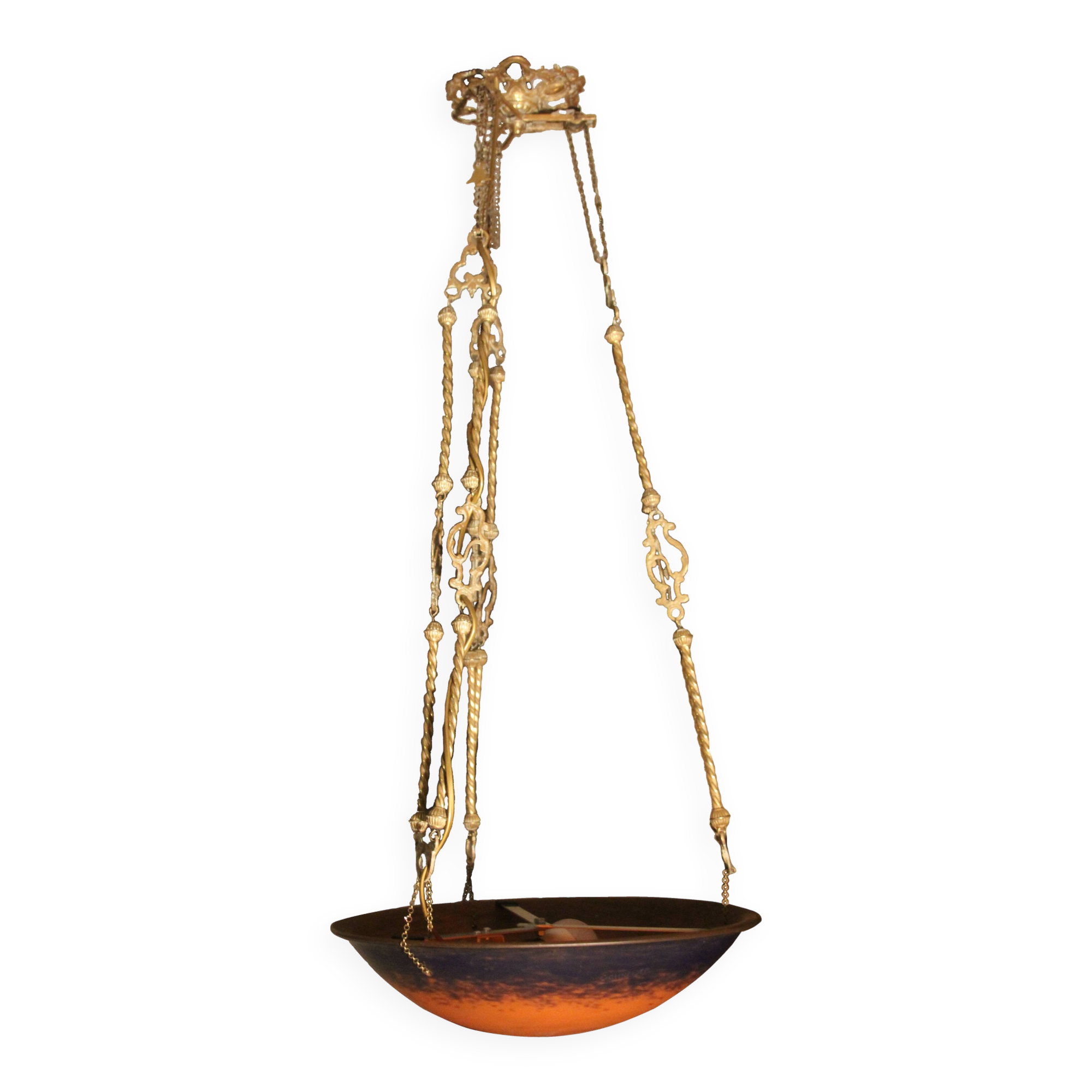 Large glass paste and brass chandelier in Art Deco style.