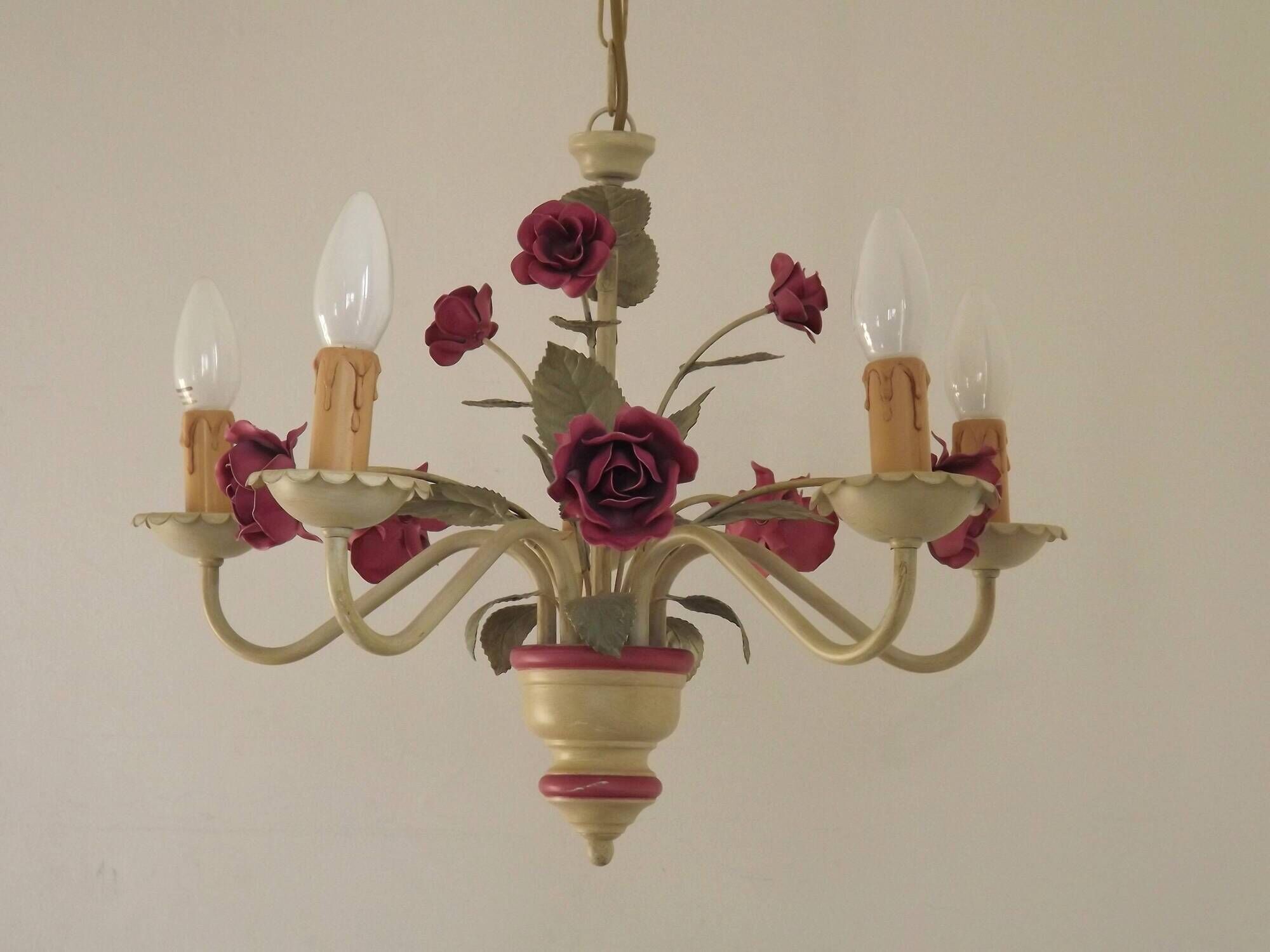 French vintage metal deep pink rose and green leaf 5-light chandelier