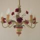 French vintage metal deep pink rose and green leaf 5-light chandelier