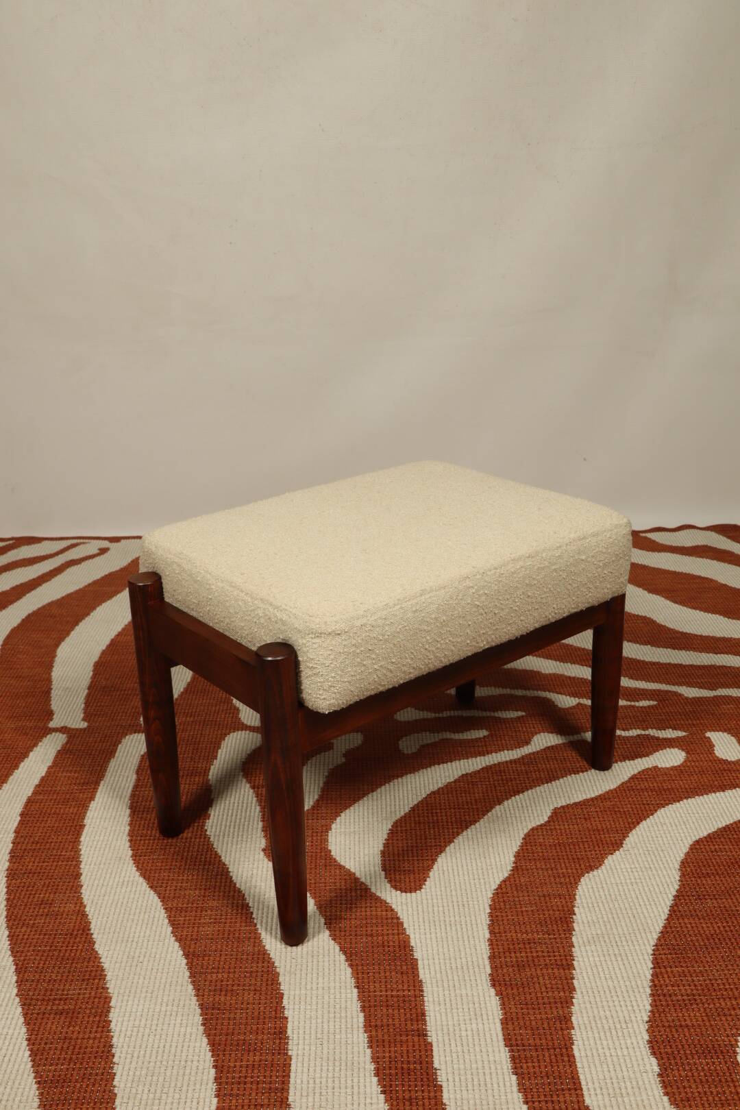 Scandinavian style set lounge chair and ottoman footrest in boucle fabric natural dark wood Mid Cent