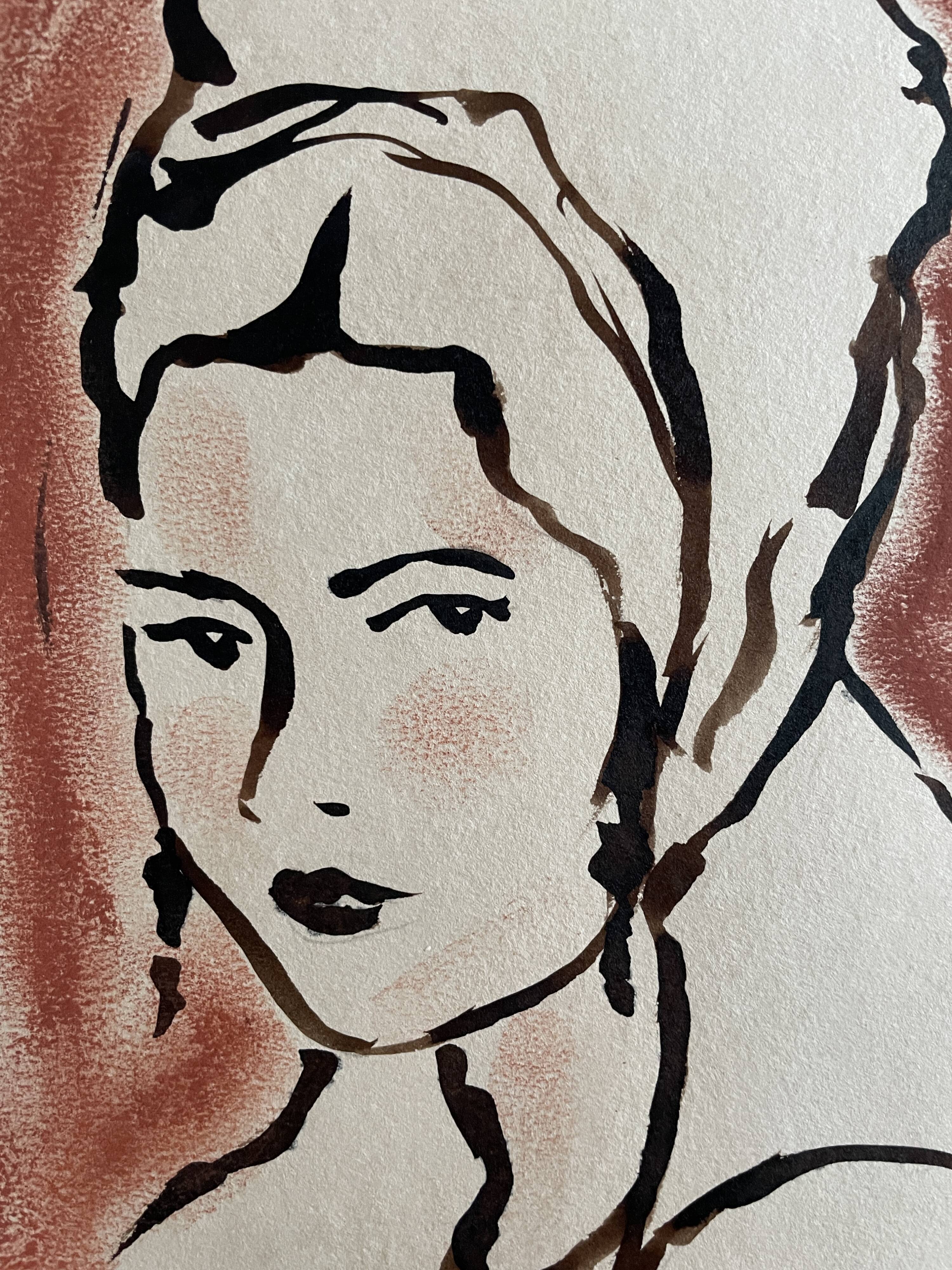 Painting signed Indian ink and pastel female portrait “study with headdress”