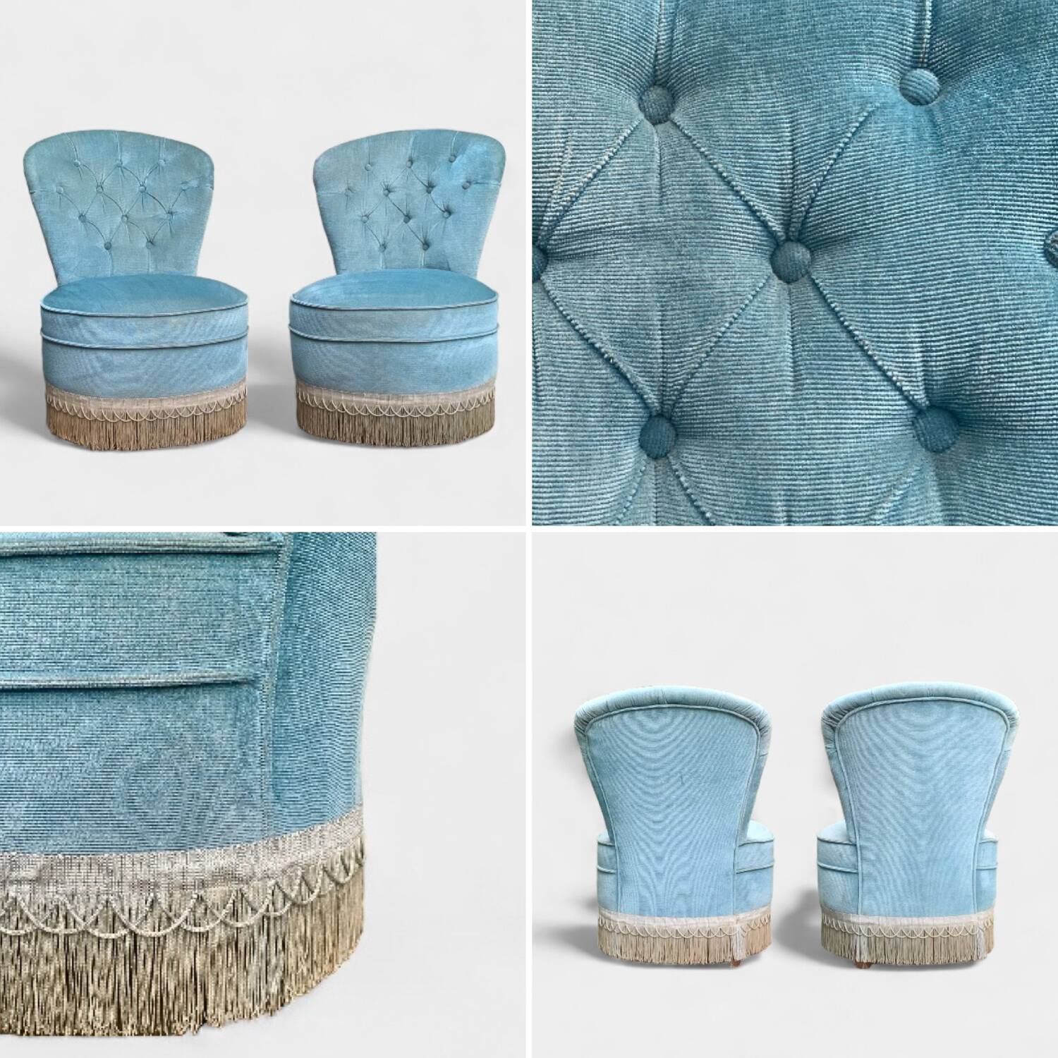 Pair of vintage blue velvet upholstered toad armchairs from the 1970s
