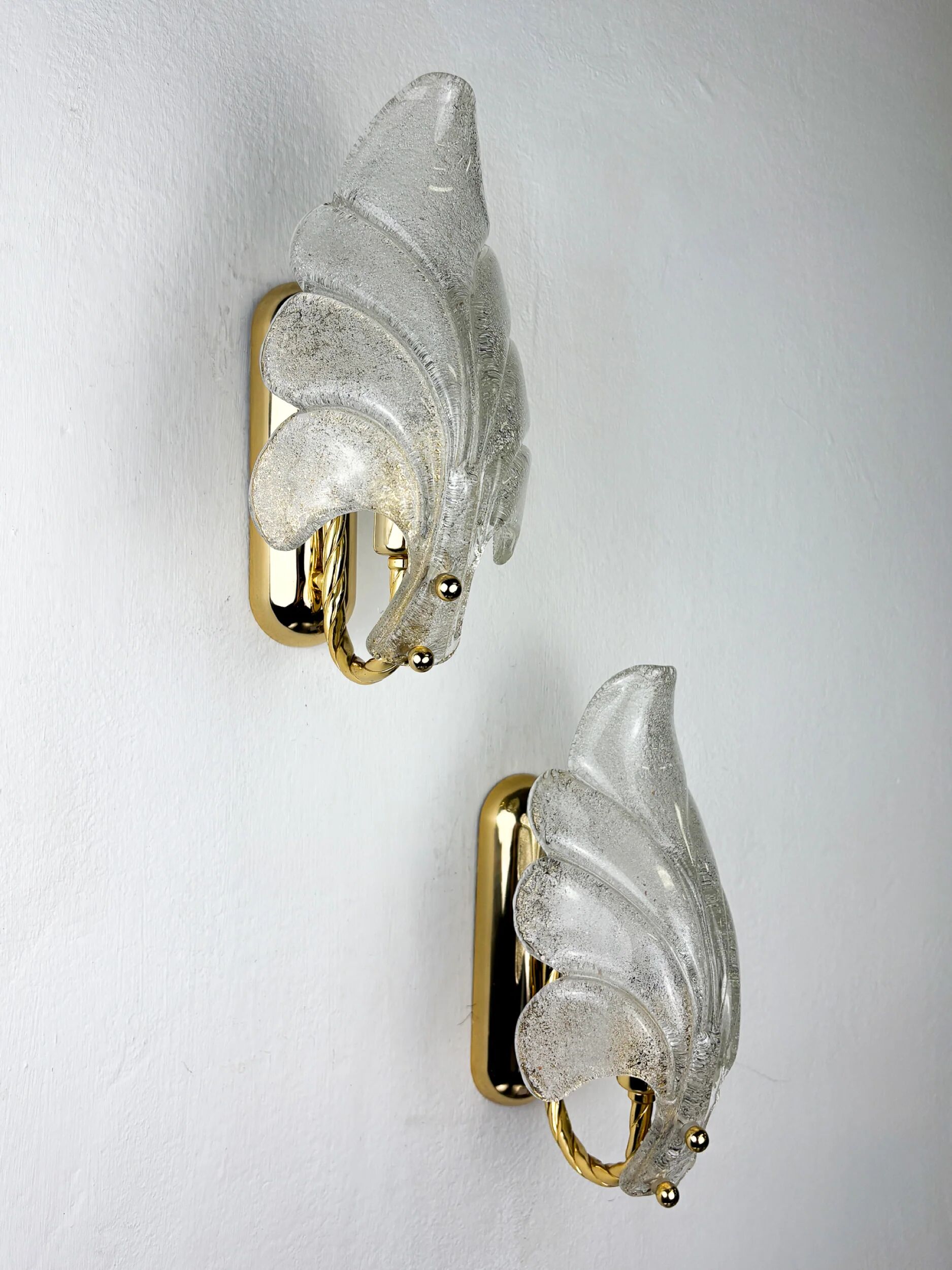 Pair of Murano frosted leaf sconces, textured glass & gilt brass, Italy, 1970s