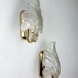 Pair of Murano frosted leaf sconces, textured glass & gilt brass, Italy, 1970s