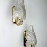 Pair of Murano frosted leaf sconces, textured glass & gilt brass, Italy, 1970s