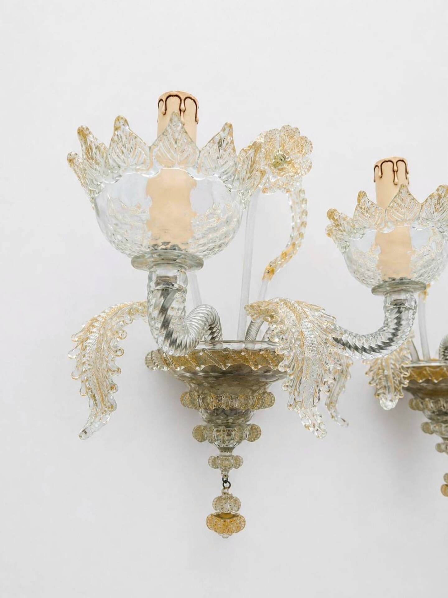 2 Murano glass wall sconces with gold leaves, vintage light fixtures.
