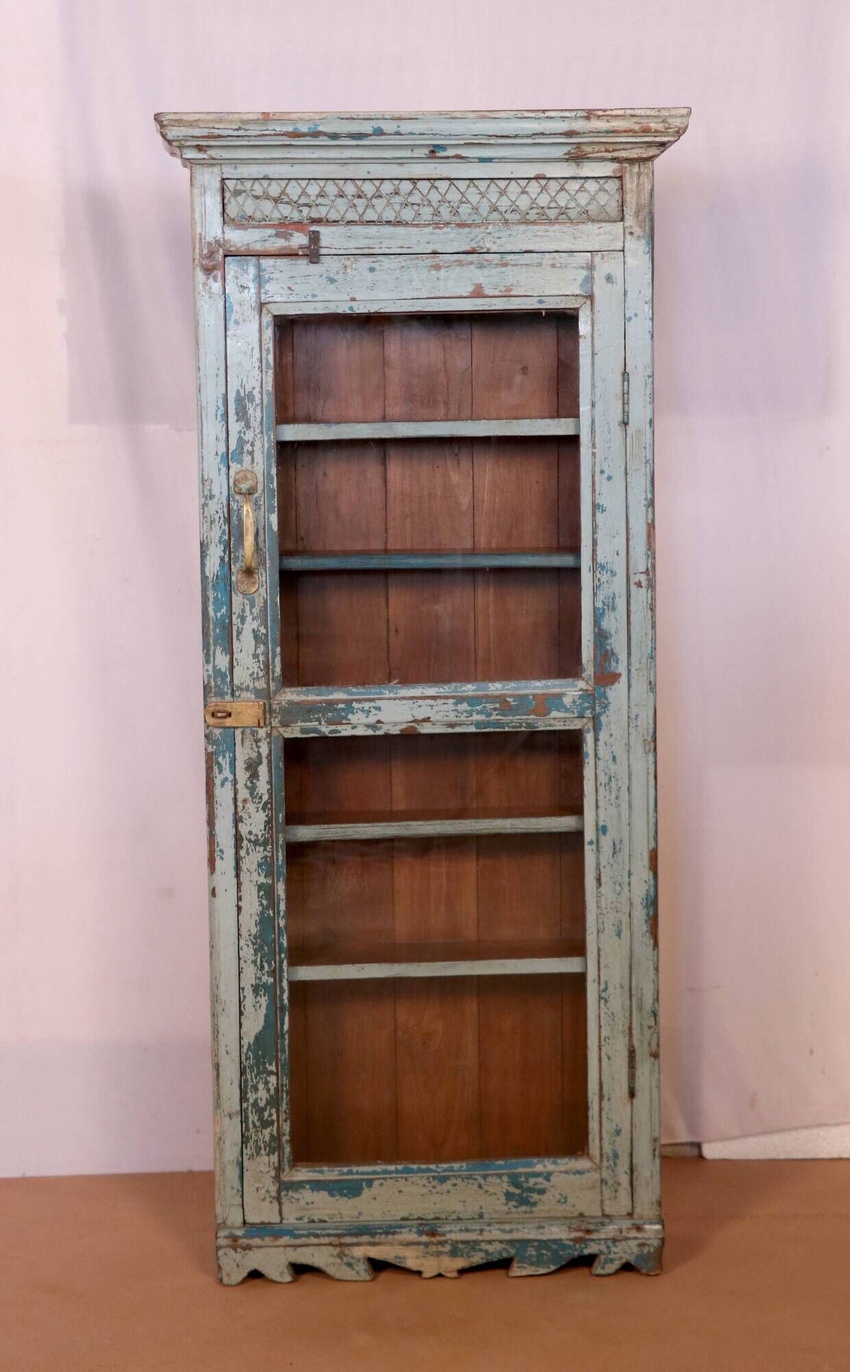 Old art deco wall showcase in burmese teak original blue-gray patina
