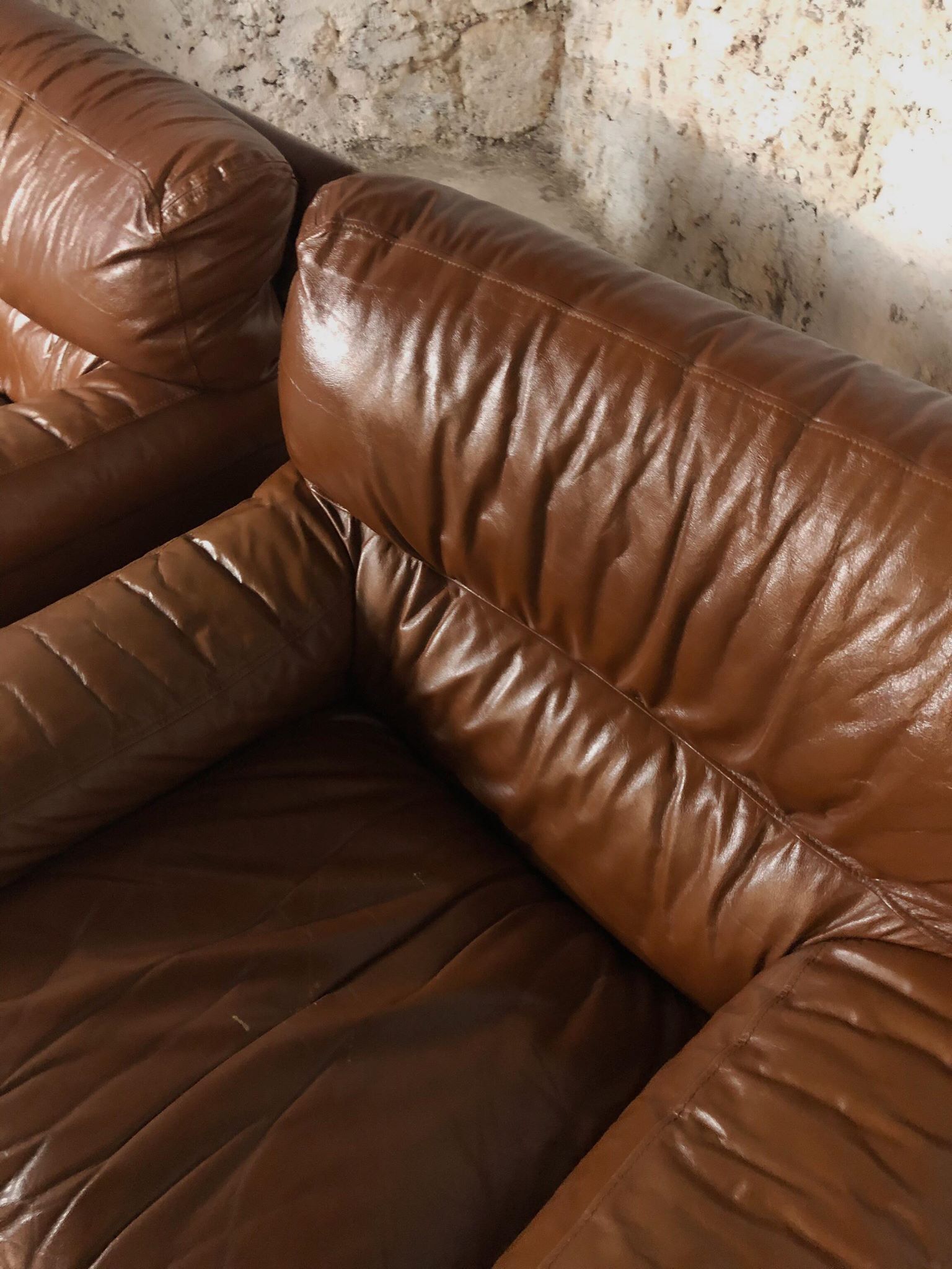 Pair camel leather armchairs
