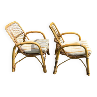 Vintage 1970s rattan armchair pair