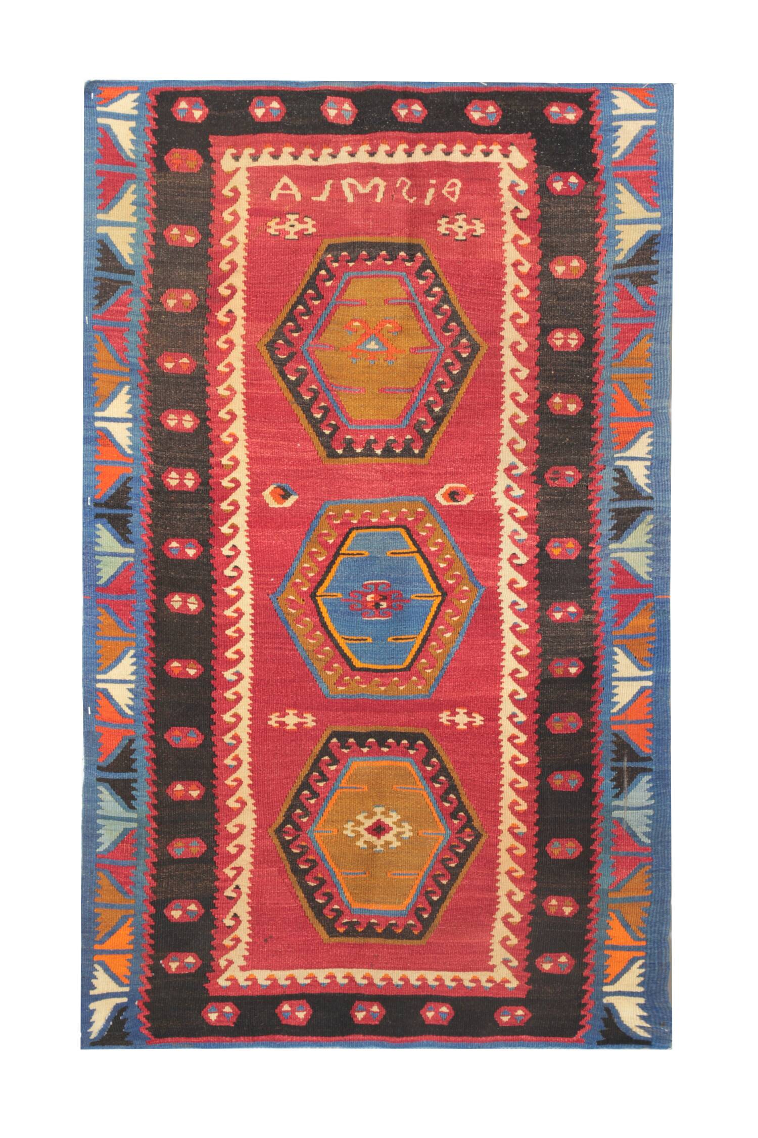 1940s Turkish Kilim Rug, Small Wool Medallion Flatweave 75 x 130 cm