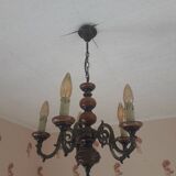 5-branch wood and brass chandelier