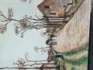 Canvas on village scene frame signed vintage Denise