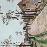 Canvas on village scene frame signed vintage Denise