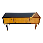 Meuble vintage relooké bleu marine, terracotta et feuille d’or – Style mid-century revisité