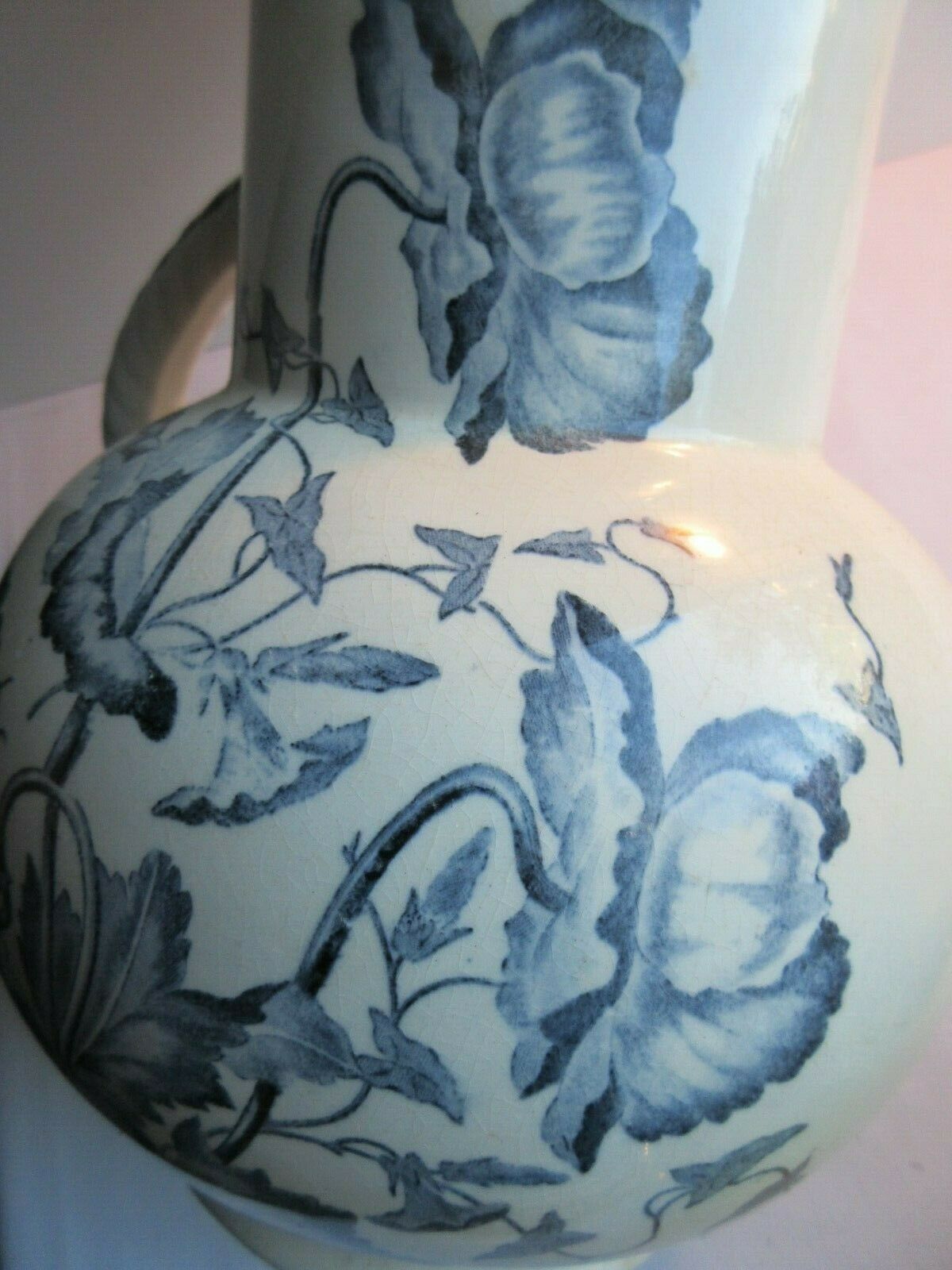 Art Nouveau toilet broc, blue-grey Iris décor, signed Longchamp