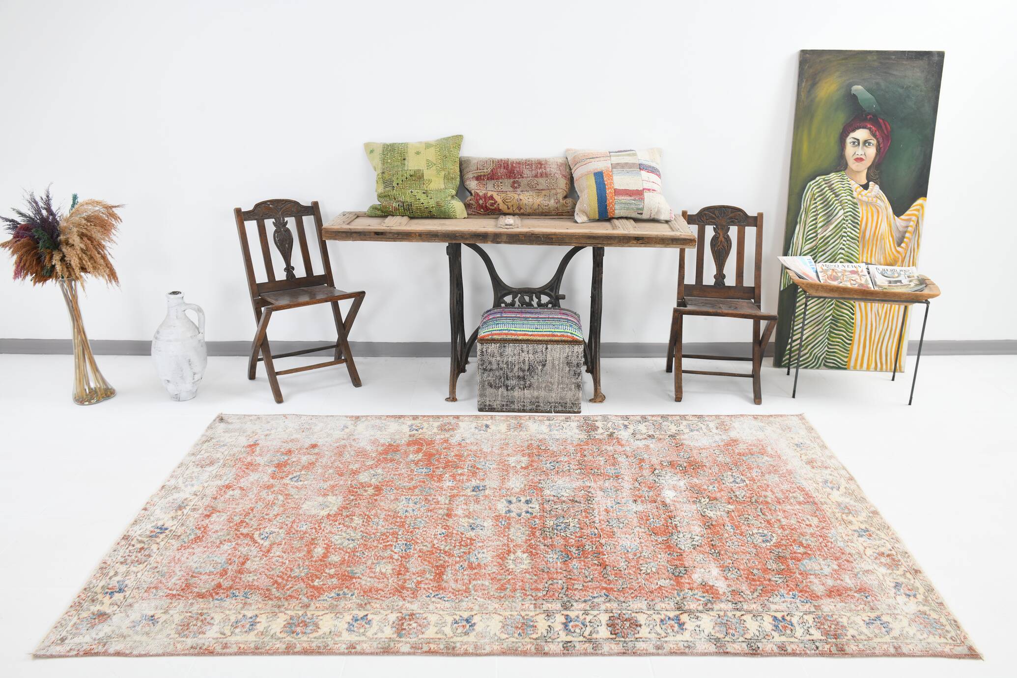 5x9 Pale Red & Blue Shabby Chic Vintage Turkish Rug, 151x259Cm SK5619