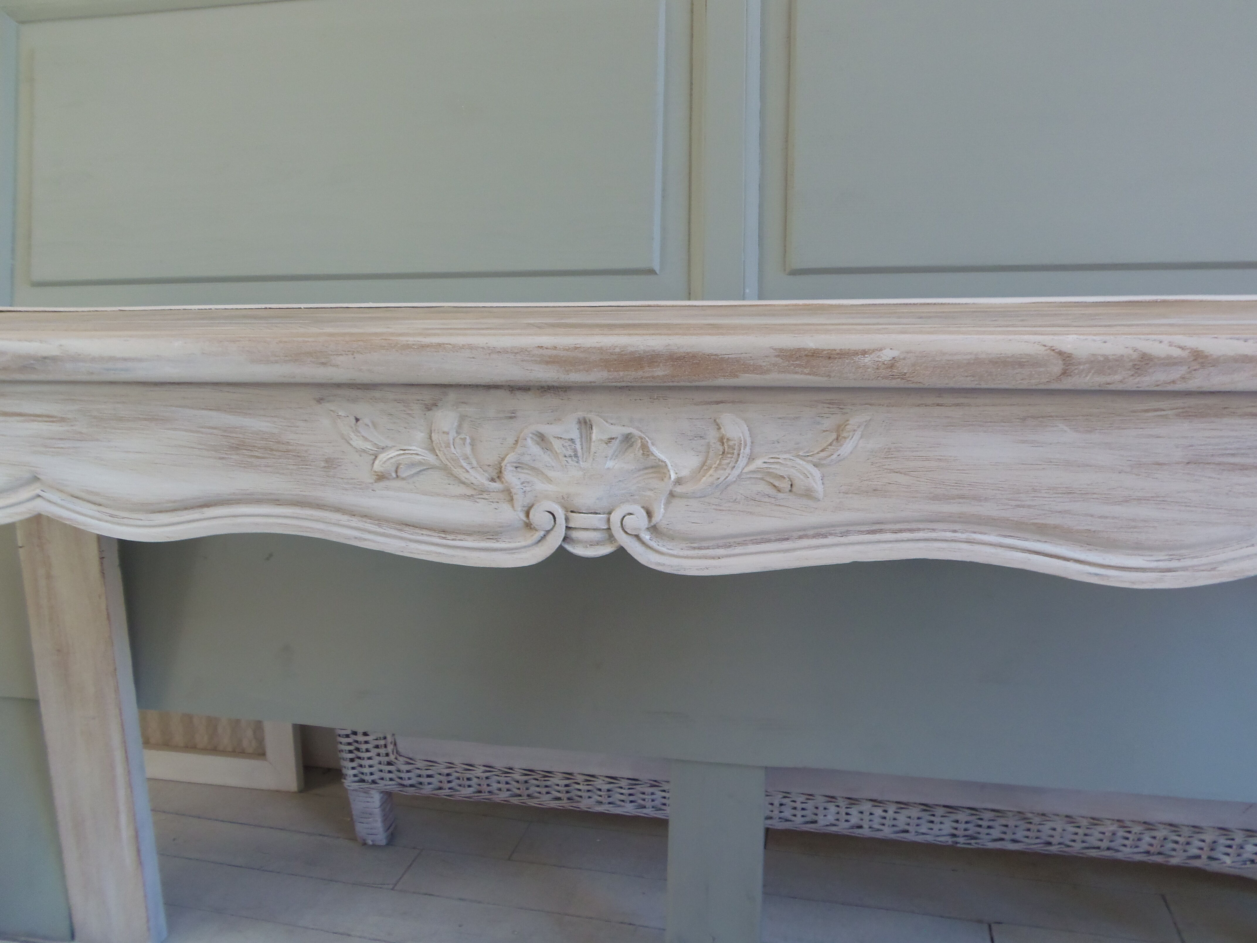 Louis XV style console in pearl gray patinated oak, patinated inlaid top.