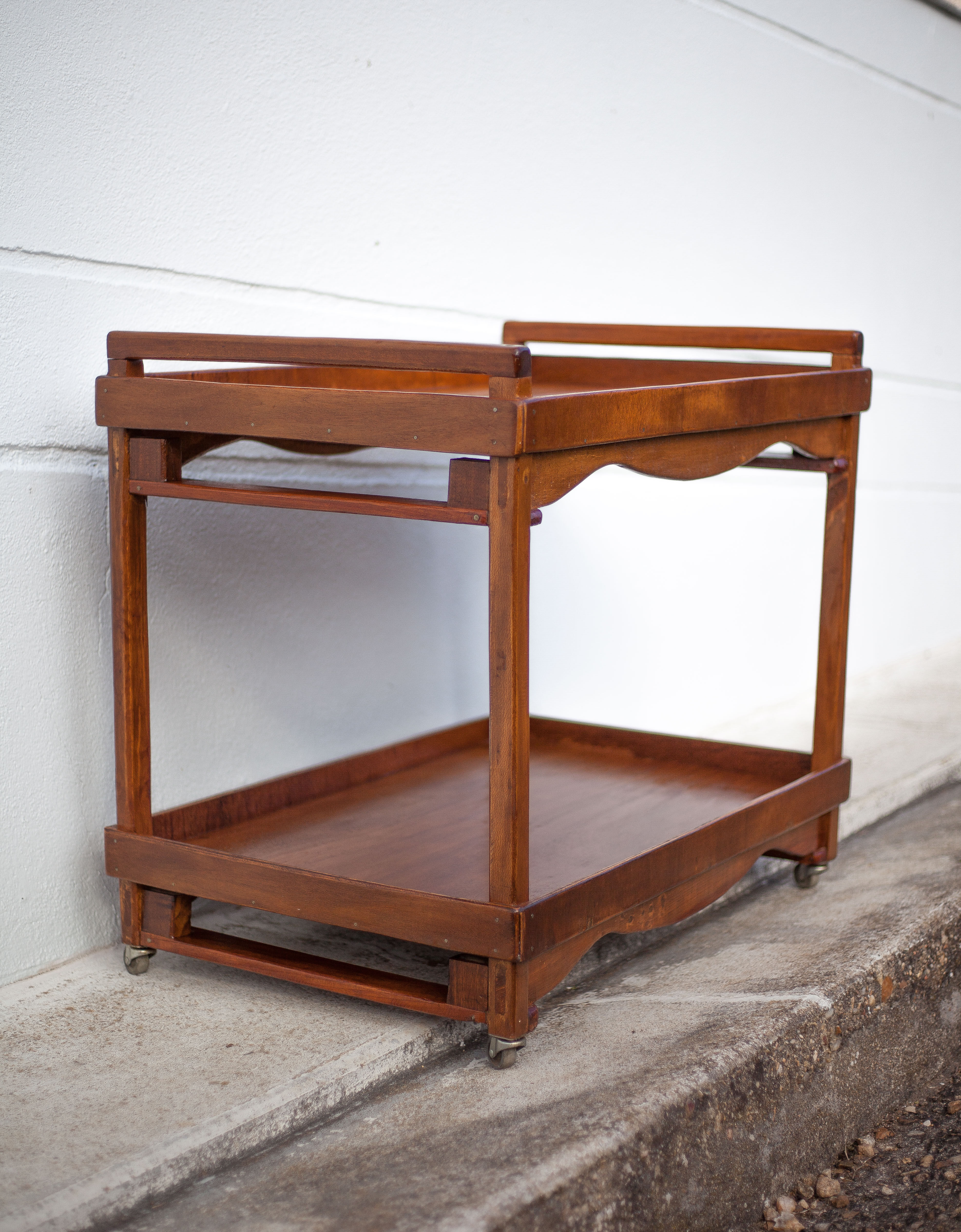 Wooden service with wheels, rolling trolley, rolling bar, wooden lounge furniture, vintage